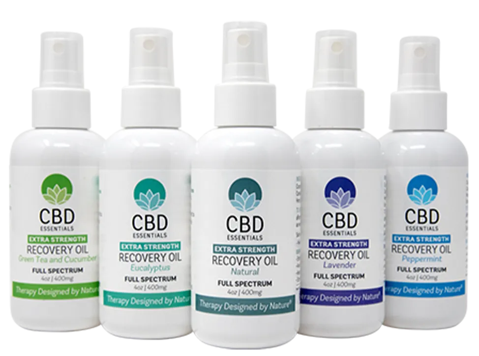 CBD Recovery Oil products in white bottles