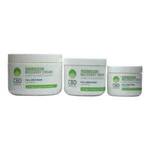 CBD Recovery Cream extra strength in white plastic containers with green logo and text