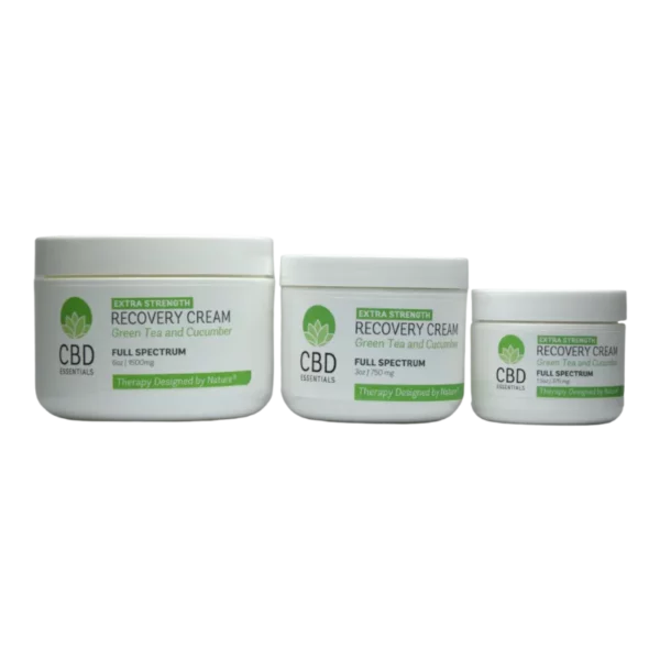 CBD Recovery Cream extra strength in white plastic containers with green logo and text