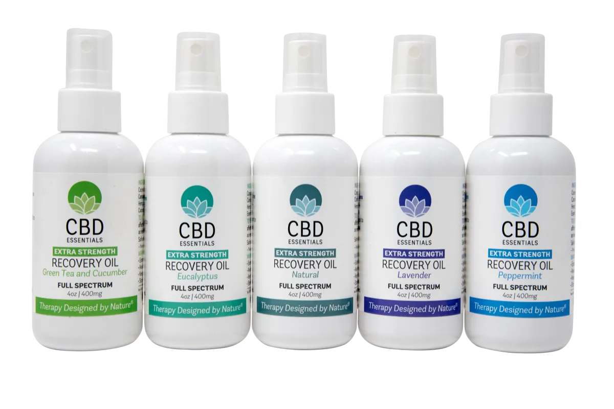 Recovery Oil extra strength in white spray bottles used for Cannabinoid therapy