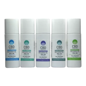 Recovery Oil roll-on in white bottles with colorful labels