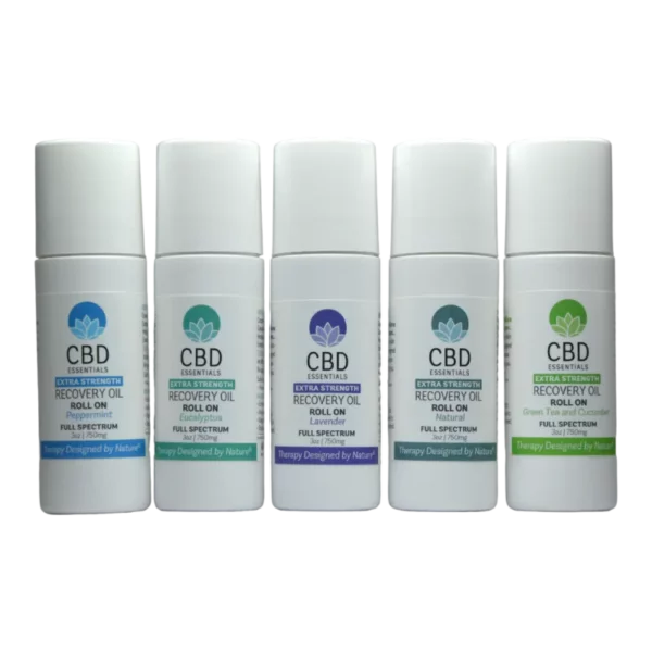 Recovery Oil roll-on in white bottles with colorful labels