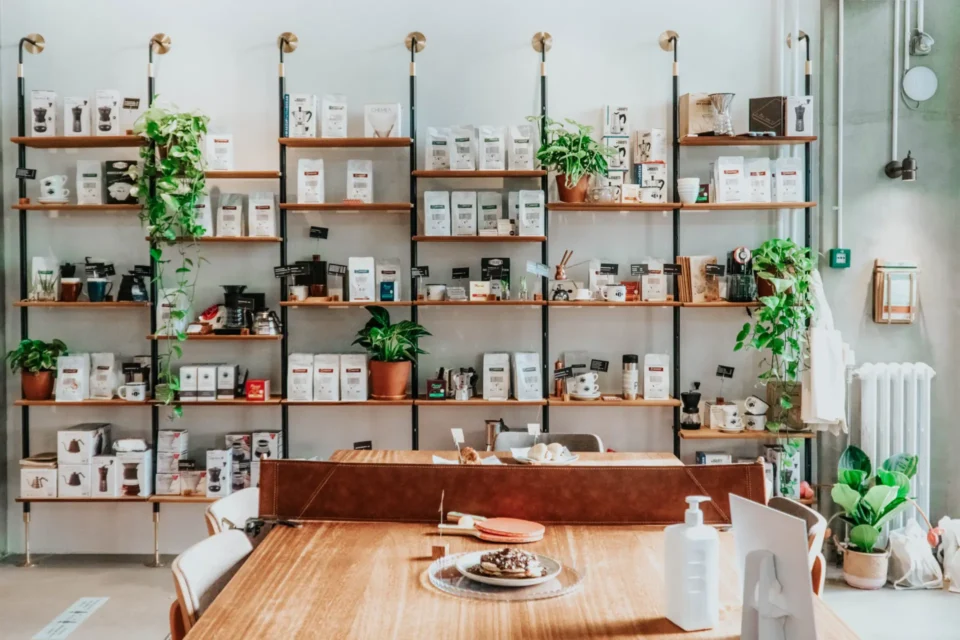 Retail wellness store shelves in a bright, clean, and minimal store setup